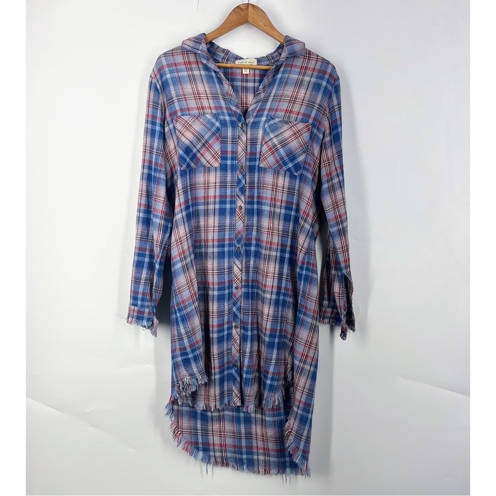 Cloth & Stone Womens Blue Red Plaid Frayed High Low Shirt Dress Medium C1267-813